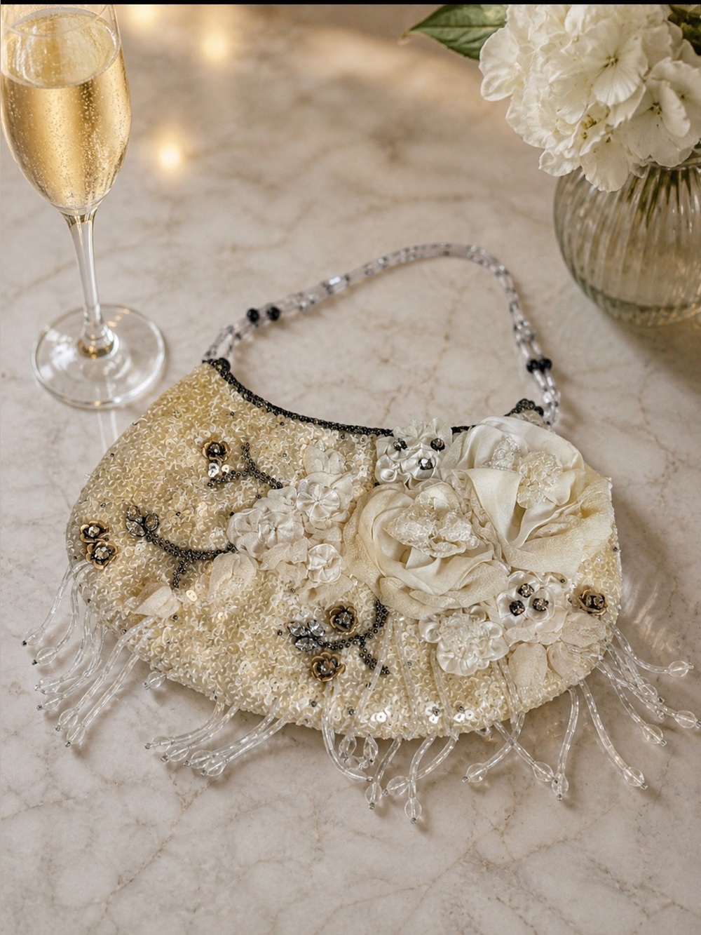 Pat Vini Hand Beaded Reticule Bag Y2K Couture Floral Sequin Evening Bag Cream